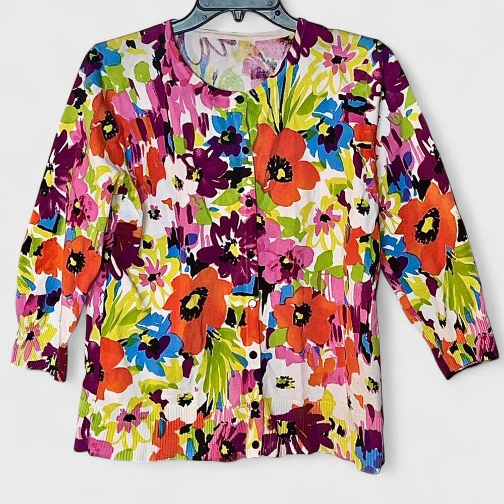 Cable & Gauge Multicolor Floral Watercolor Crewneck Button Cardigan - Size S